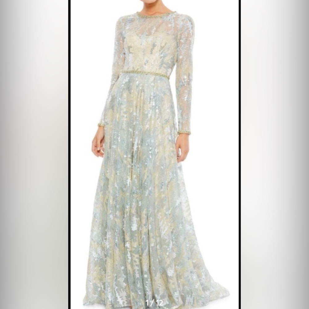 Mac Duggal Blue and Cream Long Sleeve Dress